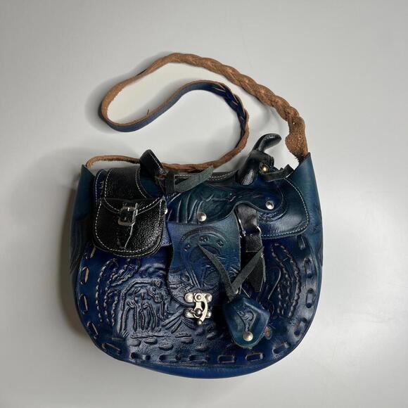 Vintage Tooled Leather Saddle Bag Purse Made in Mexico Western Horse Design - Picture 1 of 14